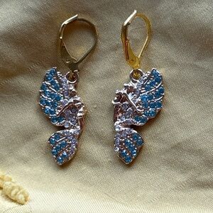 Elegant Man & Woman couple Gold and Blue Winged gemstone angel fairy Earrings